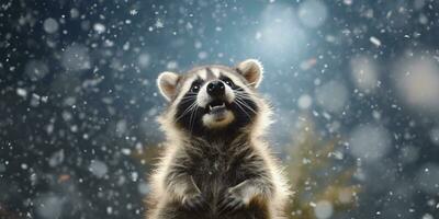 The Amusing Raccoon's Winter Surprise A Multitude of Snowflakes Falling AI generated photo