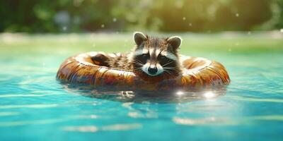 The Funny Raccoon Drifting in an Inflatable Ring on a Warm Summer Day by the Water AI generated photo