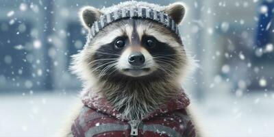 Adorable Raccoon with Cap Surrounded by Snowflakes in Winter Wonderland AI generated photo