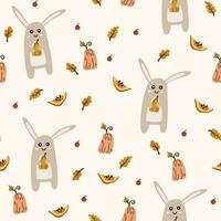 Autumn vector background with cute bunny, berry, leaf and pumpkins. Woodland baby animals seamless pattern. Creative background for fabric, textile, scrapbooking, prints. Vector illustration