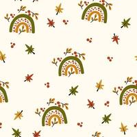 otoño sin costura modelo con arcoiris, hojas y bayas. creativo antecedentes para tela, textil, scrapbooking y huellas dactilares. vector ilustraciones para niños.