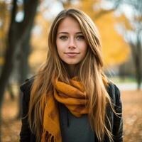 un hermosa joven mujer en un otoño parque generativo ai foto