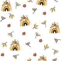 Autumn seamless pattern with rainbows, leaves and berries. Creative background for fabric, textile, scrapbooking and prints. Vector illustrations for kids.