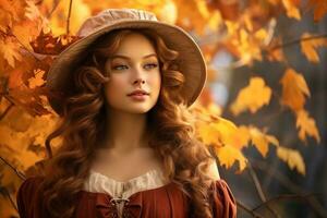 a beautiful woman in a hat and red dress in the fall generative AI photo