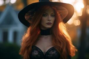 a beautiful red haired woman wearing a witch hat generative AI photo