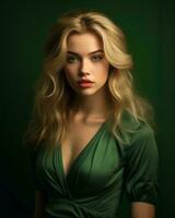 un hermosa rubia mujer en un verde vestir generativo ai foto