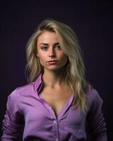 a beautiful blonde woman in a purple shirt generative AI photo