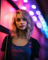 a beautiful blonde woman standing in front of colorful lights generative AI photo