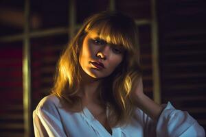 a beautiful blonde woman in a white shirt generative AI photo