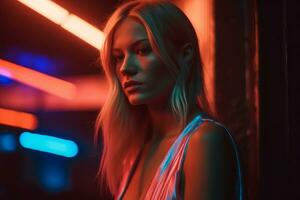 a beautiful blonde woman standing in front of neon lights generative AI photo