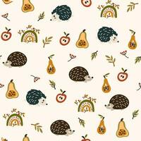 Woodland baby animals seamless pattern. Autumn vector background with cute hedgehog, apple, pear, leaves and rainbow. Creative background for fabric, textile, scrapbooking, prints. Vector illustration