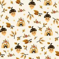 Autumn pattern with acorns, berries, rainbows and foliage. Acorn character. Creative background for fabric, textile, scrapbooking and prints. Vector illustrations for kids.