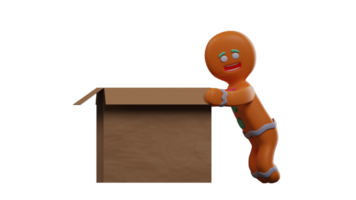 3D illustration. Strong Gingerbread 3D Cartoon Character. Gingerbread pushes the cardboard using both hands. Gingerbread smiles sweetly showing his activities. 3D Cartoon Character png