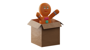 3D illustration. Cute Gingerbread 3D Cartoon Character. The gingerbread is in the box. Gingerbread popped out of the box holding out his hand. Gingerbread looks adorable. 3D Cartoon Character png