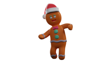 3D illustration. Happy Gingerbread 3D Cartoon Character. Gingerbread is dancing. Gingerbread wears a red Christmas hat. Gingerbread moved his hands happily. 3D Cartoon Character png