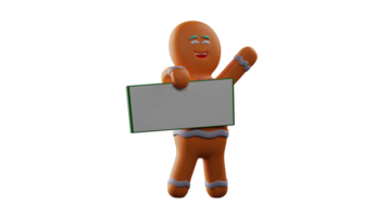 3D illustration. Smart Gingerbread 3D Cartoon Character. Gingerbread stands carrying a white board. Gingerbread raised one hand. Gingerbread smiles happily. 3D Cartoon Character png