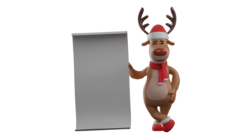3D illustration. Great deer 3D cartoon character. Deer standing beside a long white paper. The Christmas reindeer shows something to everyone he meets. The deer smiled sweetly. 3D cartoon character png