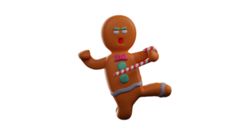 3D illustration. Brave Gingerbread 3D Cartoon Character. Gingerbread in the pose of kicking something and showed an angry expression. Gingerbread carries a stick for weapons. 3D Cartoon Character png