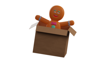 3D illustration. Attractive Gingerbread 3D Cartoon Character. Adorable Gingerbread stretched his arms up. A sweet Gingerbread is very happy in a cardboard. 3D Cartoon Character png