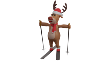 3D illustration. Christmas Deer 3D cartoon character. Deer is sledding and holding a stick to keep its balance. Deer wearing a Christmas scarf. Christmas deer smiling cute. 3D cartoon character png