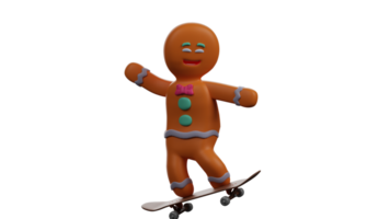 3D illustration. Sweet Gingerbread 3D Cartoon Character. Gingerbread is skating. Gingerbread smiling happily enjoying his play time. Cheerful Gingerbread. 3D Cartoon Character png