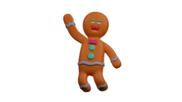 3D illustration. Friendly Gingerbread 3D Cartoon Character. Gingerbread waved one hand up. Gingerbread smiles at someone he meets. 3D Cartoon Character png