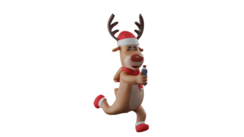 3D illustration. Excited Deer 3D cartoon character. Deer with running pose carrying a bottle of drink. The deer looks in a hurry to go oak somewhere. 3D cartoon character png