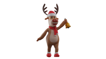 3D illustration. Excited deer 3D cartoon character. The deer stood while carrying the golden bell. Deer played the bells he had brought to invite everyone to a Christmas party. 3D cartoon character png