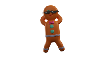 3D illustration. Amazing Gingerbread 3D Cartoon Character. Gingerbread uses dark glasses. Gingerbread put his hands behind his head. Gingerbread smiled mesmerizingly. 3D Cartoon Character png