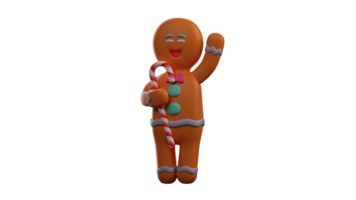 3D illustration. Friendly Gingerbread 3D Cartoon Character. Gingerbread waved one hand at someone he met at a Christmas party. Gingerbread carries a Christmas stick. 3D Cartoon Character png