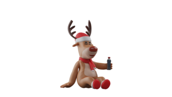 3D illustration. Deer 3D cartoon character. Christmas deer in sitting pose. Deer sat stretched out its legs while carrying a bottle of drink. Deer is resting after a long journey. 3D cartoon character png