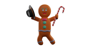 3D illustration. Magician 3D Cartoon Character. Gingerbread carries a Christmas stick and a black hat. Gingerbread acts as a magician who will entertain at the Christmas party. 3D Cartoon Character png