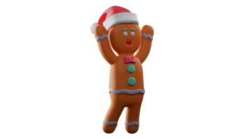 3D illustration. Cute Gingerbread 3D Cartoon Character. Gingerbread wears a red Christmas hat. Gingerbread raised both hands up. Gingerbread showed his cute smile. 3D Cartoon Character png