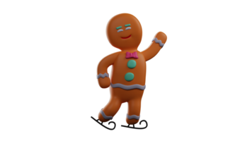 3D illustration. Gingerbread 3D Cartoon Character. Gingerbread using skates. Gingerbread raised one hand while showing a sweet smile. 3D Cartoon Character png