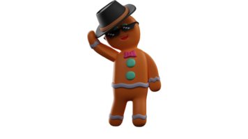 3D illustration. Cool Gingerbread 3D Cartoon Character. Gingerbread wears a black hat and sunglasses. Gingerbread showed his big smile. Cool Christmas Gingerbread. 3D Cartoon Character png