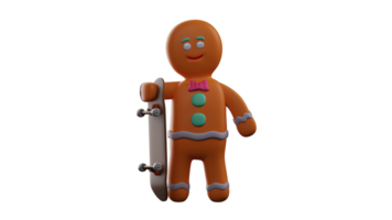 3D illustration. Cool Gingerbread 3D Cartoon Character. Gingerbread stands holding a skate board. Gingerbread showed his cute smile. Cheerful Gingerbread. 3D Cartoon Character png