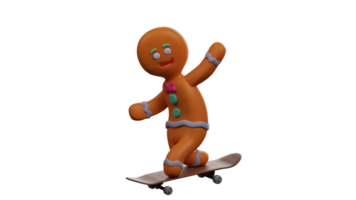 3D illustration. Unique Gingerbread 3D Cartoon Character. Gingerbread is skating. Gingerbread keeps his body balance by spreading both hands. 3D Cartoon Character png