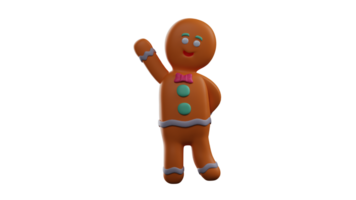 3D illustration. Gingerbread 3D Cartoon Character. Adorable gingerbread man standing waving his hand. Gingerbread showed his cute smile. 3D Cartoon Character png