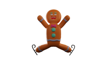 3D illustration. Cheerful Gingerbread 3D Cartoon Character. Gingerbread stretched his arms up. Gingerbread uses skates. Gingerbread smiles happily. 3D Cartoon Character png