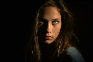 a beautiful young woman with blue eyes in the dark generative AI photo