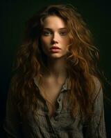 a beautiful young woman with long curly hair generative AI photo