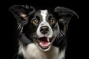 a black and white dog with its mouth open on a black background generative AI photo