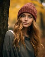 un hermosa joven mujer con largo rojo pelo vistiendo un gorro generativo ai foto