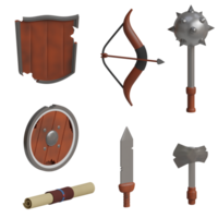 3d rendered medieval game set includes arrow, shield, sword, axe, treasure maps perfect for game design project png