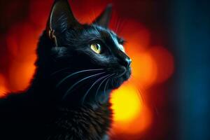 a black cat is looking up at the sky in front of a bright red background generative AI photo