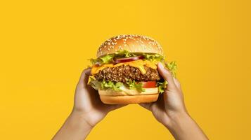 Hands holding a burger yellow background photo