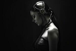 a black and white photo of a woman wearing headphones generative AI