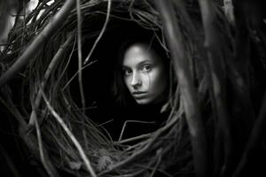 un negro y blanco foto de un mujer en un nido generativo ai