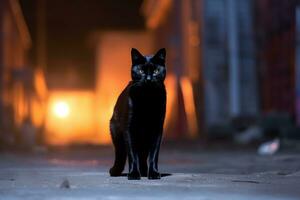 a black cat is standing on the street at night generative AI photo