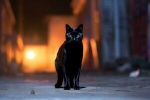 un negro gato es en pie en el calle a noche generativo ai foto